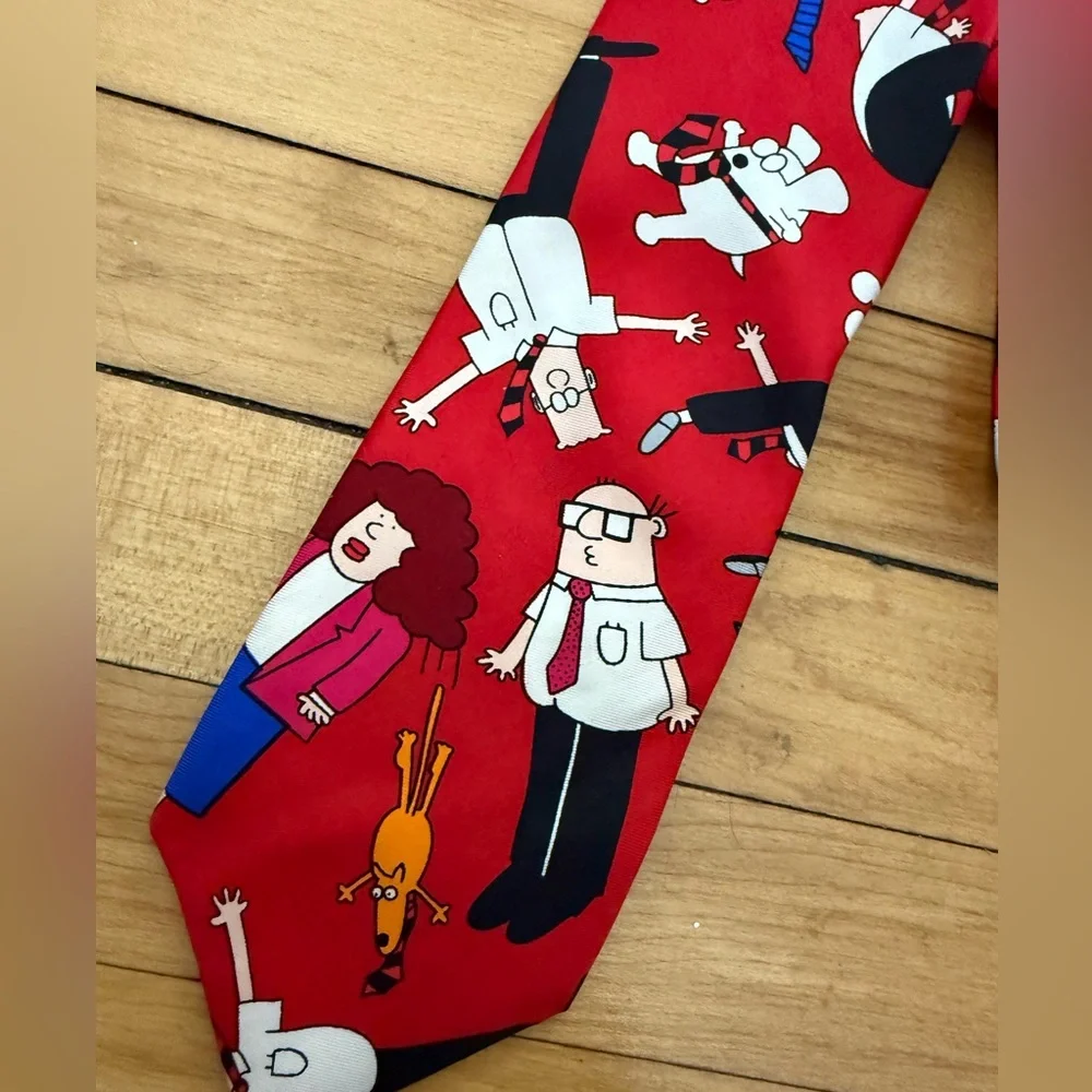 Men's silk Novelty Necktie Tie: Dilbert Friends, Dogbert, Boss,‎ Wally, Red